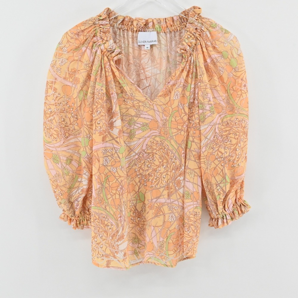Gilner Farrar Ellie Blouse Womens‎ Size XS Sunshine Orange Botanical Linen Blend
